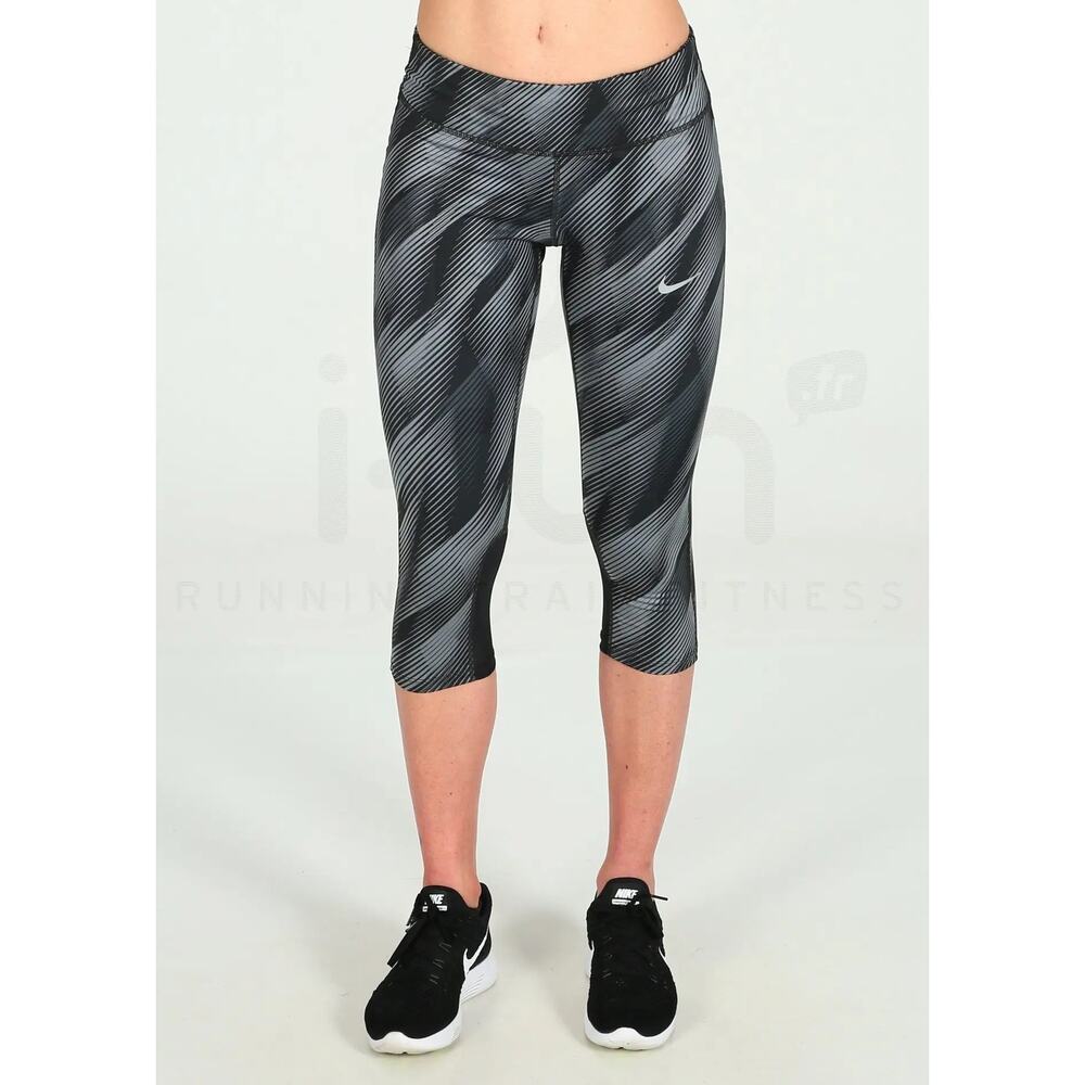 Nike Dri-FIT Womens Running Leggings Black Grey Stripe Crop Tights Zipper Pocket